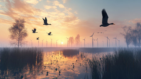 A nature reserve powered by renewable energy, with ducks flying across the early morning skyの素材