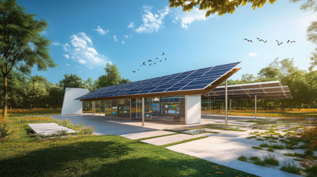 A clean energy educational center with interactive solar installations, birds flying near treetops in the backgroundの素材