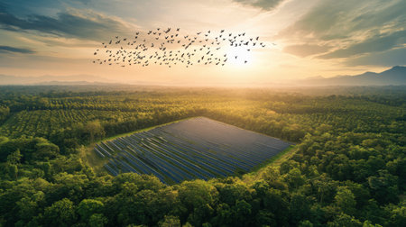 A drone view of a solar panel farm bordered by dense forest, with flocks of birds dotting the skiesの素材