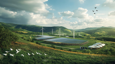 A clean energy farm with wind and solar installations surrounded by green hills and birds in mid-flightの素材