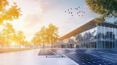 A clean energy educational center with interactive solar installations, birds flying near treetops in the backgroundの素材