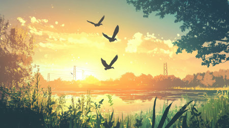 A nature reserve powered by renewable energy, with ducks flying across the early morning skyの素材