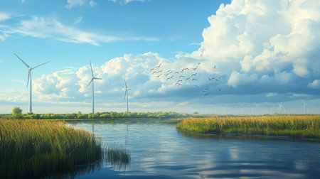 A serene wetland landscape with a wind farm in the distance and migratory birds flying low over the waterの素材