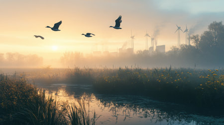 A nature reserve powered by renewable energy, with ducks flying across the early morning skyの素材