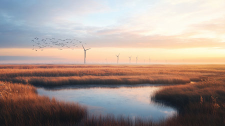 A serene wetland landscape with a wind farm in the distance and migratory birds flying low over the waterの素材