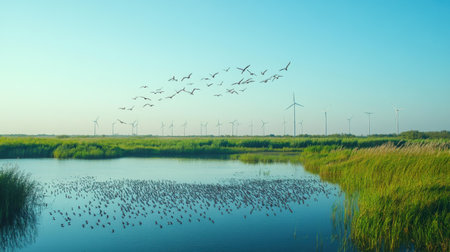 A serene wetland landscape with a wind farm in the distance and migratory birds flying low over the waterの素材