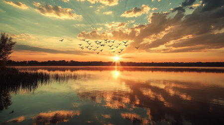 A solar energy field next to a freshwater lake reflecting the sky, with birds flying in a V-formation aboveの素材