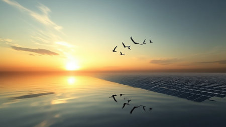 A solar energy field next to a freshwater lake reflecting the sky, with birds flying in a V-formation aboveの素材