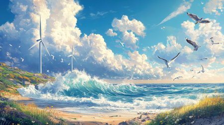 A wind farm by the coast with ocean waves crashing and seagulls flying by in a bright and windy sceneの素材