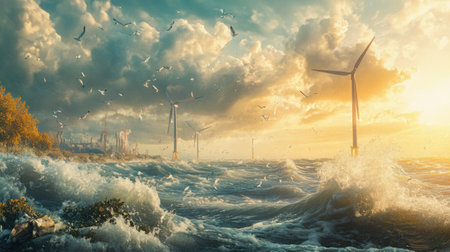 A wind farm by the coast with ocean waves crashing and seagulls flying by in a bright and windy sceneの素材