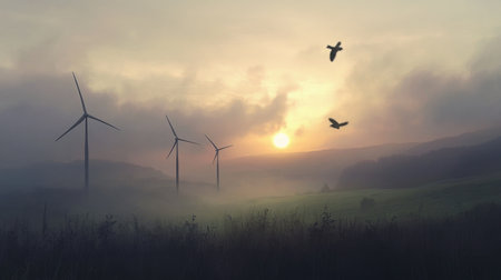 Early morning light shining on wind turbines in a valley, with a few birds silhouetted against the skyの素材