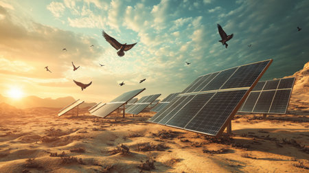 Solar panels in a desert environment capturing sunlight as hawks soar above the arid landscapeの素材