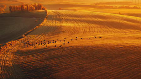 Wind turbines at sunset casting long shadows across golden fields, while a formation of geese flies byの素材