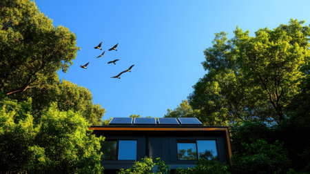Solar panels on a modern house roof surrounded by lush trees, with birds soaring overhead in the clear blue skyの素材