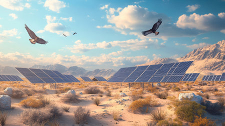 Solar panels in a desert environment capturing sunlight as hawks soar above the arid landscapeの素材