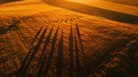 Wind turbines at sunset casting long shadows across golden fields, while a formation of geese flies byの素材