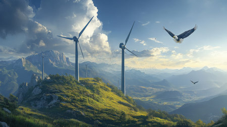 Wind turbines generating power on a mountain ridge, with eagles circling high above the landscapeの素材