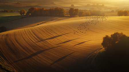 Wind turbines at sunset casting long shadows across golden fields, while a formation of geese flies byの素材