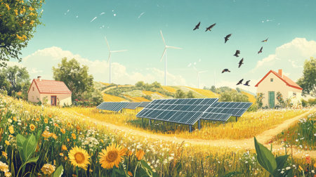 A peaceful rural scene showing solar-powered greenhouses and wind turbines, with swallows darting through the skyの素材