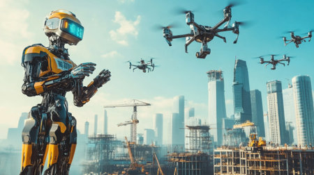 A group of robots in construction gear building a futuristic cityscape while drones fly overheadの素材