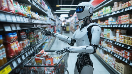A humanoid robot customer shopping at a grocery store, pushing a cart and scanning productsの素材