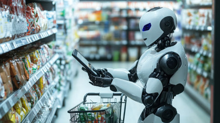 A humanoid robot customer shopping at a grocery store, pushing a cart and scanning productsの素材