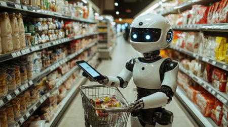 A humanoid robot customer shopping at a grocery store, pushing a cart and scanning productsの素材