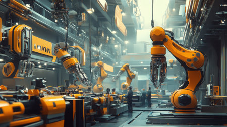 A futuristic factory floor with robots operating machinery and assembling products while humans observeの素材