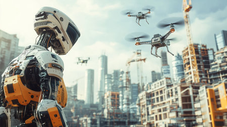 A group of robots in construction gear building a futuristic cityscape while drones fly overheadの素材