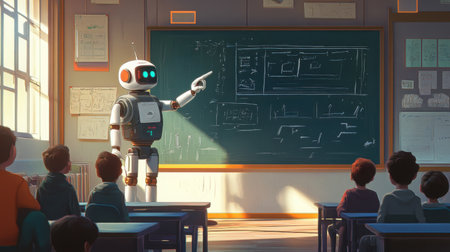 A humanoid robot teacher pointing at a digital blackboard in front of a classroom filled with curious studentsの素材