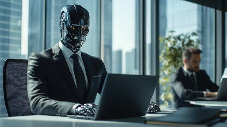 A humanoid robot in a business suit working on a laptop at a modern office desk, blending in with human coworkers in a corporate environmentの素材