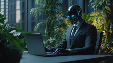A humanoid robot in a business suit working on a laptop at a modern office desk, blending in with human coworkers in a corporate environmentの素材