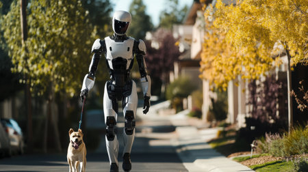 A humanoid robot walking a dog in a suburban neighborhood as if it's part of daily human lifeの素材