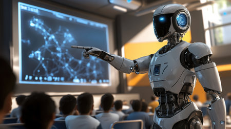 A humanoid robot teacher pointing at a digital blackboard in front of a classroom filled with curious studentsの素材