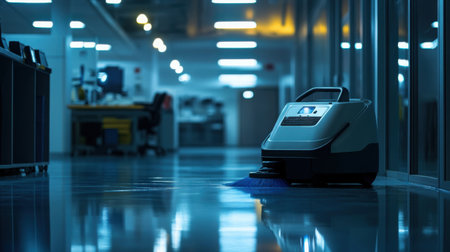 A robot janitor cleaning office floors late at night while lights glow in a quiet, empty workspaceの素材