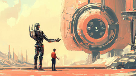 A robot and a human shaking hands in front of a futuristic company logo, symbolizing partnershipの素材