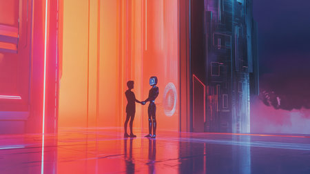 A robot and a human shaking hands in front of a futuristic company logo, symbolizing partnershipの素材