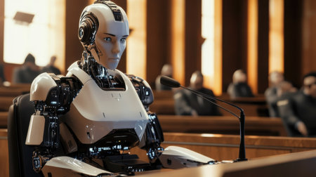 A robot judge presiding over a courtroom, addressing humans with authority and empathyの素材