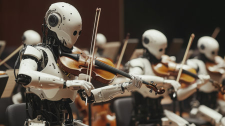 Robots playing instruments in a symphony orchestra, blending technology and art in a dramatic concert hallの素材