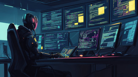 A robot writing code on multiple screens in a tech hub, replacing human programmers in future development teamsの素材