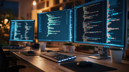 A robot writing code on multiple screens in a tech hub, replacing human programmers in future development teamsの素材