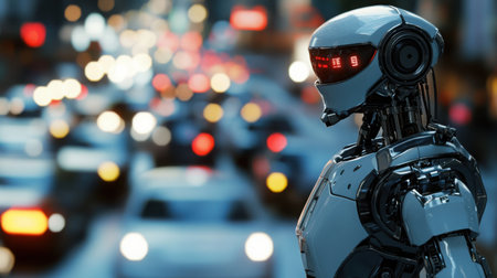 A robot police officer directing traffic during rush hour in a bustling urban settingの素材