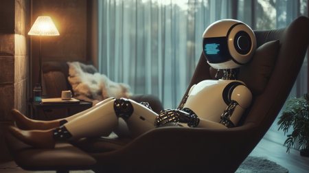 A robot therapist listening empathetically to a human client in a cozy, dimly lit therapy roomの素材