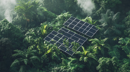 Clean energy concept with solar panels placed in a lush green forest, highlighting sustainability and innovationの素材