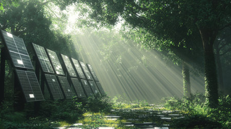 Clean solar panels absorbing sunlight in a forest clearing, showcasing the blend of technology and natureの素材