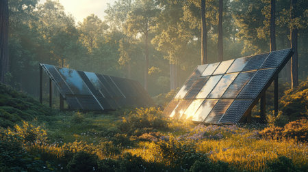 Clean solar panels absorbing sunlight in a forest clearing, showcasing the blend of technology and natureの素材