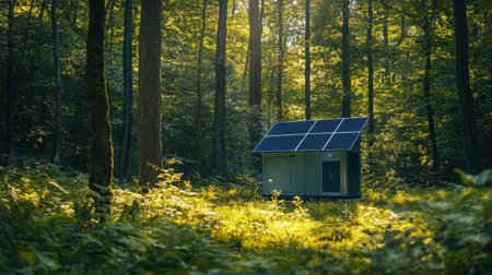 A modern solar generator setup in the middle of a thriving forest, a symbol of eco-conscious power solutionsの素材