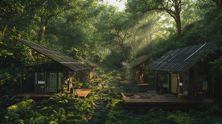 Eco-friendly solar power setup amidst a dense green forest, emphasizing the future of renewable energyの素材