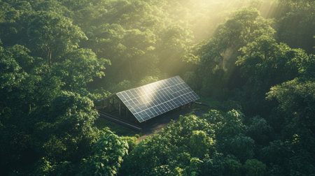 Eco-friendly solar power setup amidst a dense green forest, emphasizing the future of renewable energyの素材