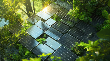Photovoltaic panels in a vibrant forest environment, symbolizing clean energy and natural harmonyの素材